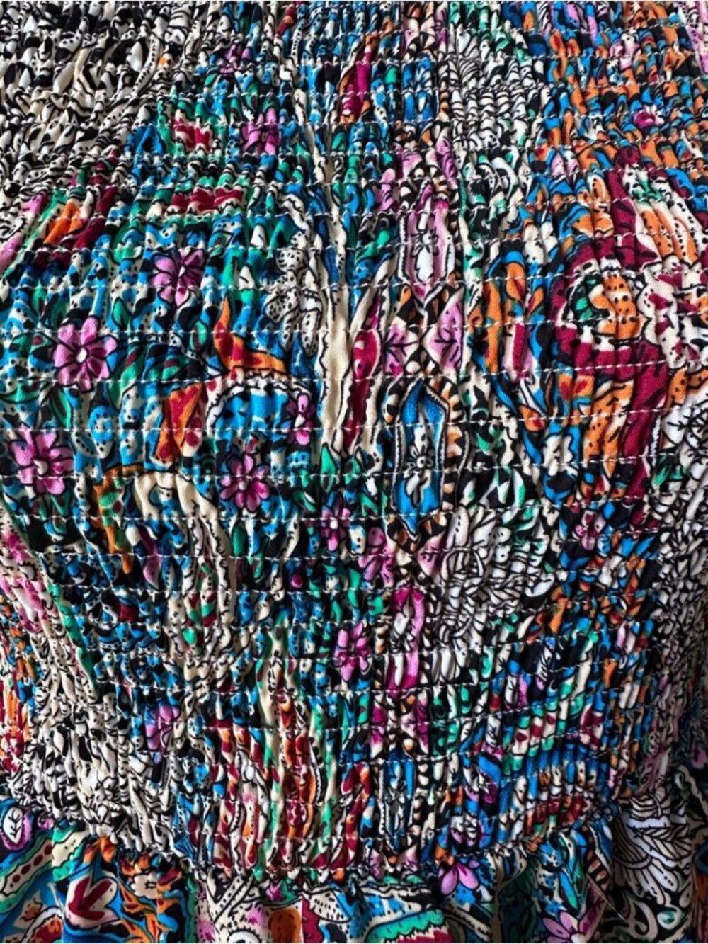 Bohemian Paisley Puff Sleeve Multi-Colour Summer Smocked Mini Dress - L - Picture 6 of 13